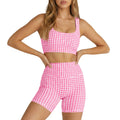 Aoysky Womens Workout Gingham 2 Piece Outfits Padded Open Back Crop Tank High Waist Seamless Sports Shorts Sets Casual Yoga Matching Sets