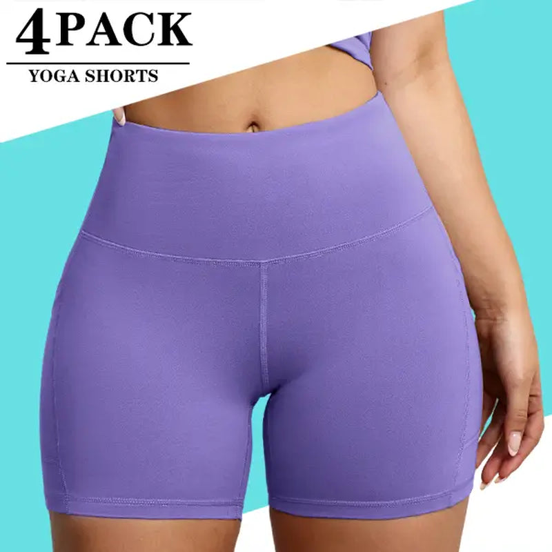 4-Pack Women'S Yoga Shorts High Waisted Slant Pocket Stretchy Breathable Slim Fit Athletic