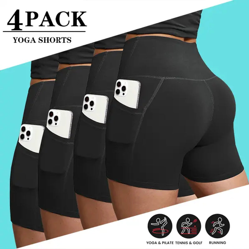 4-Pack Women'S Yoga Shorts High Waisted Slant Pocket Stretchy Breathable Slim Fit Athletic