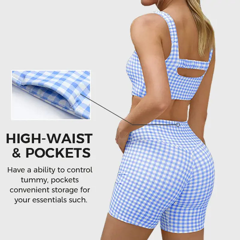 Aoysky Womens Workout Gingham 2 Piece Outfits Padded Open Back Crop Tank High Waist Seamless Sports Shorts Sets Casual Yoga Matching Sets