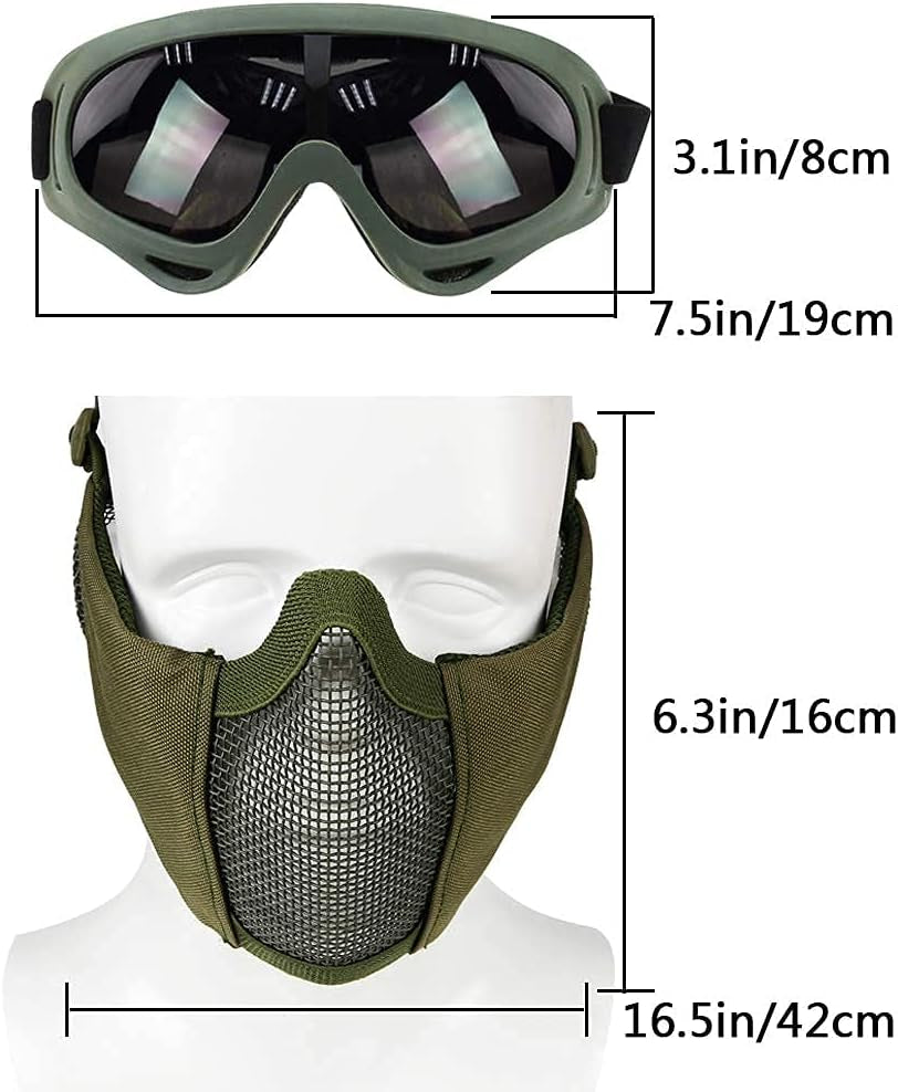 Airsoft Protective Gear Set, Half Face Mesh Mask with Ear Protection and Goggles for Adult Men Women BBS Paintball Shooting CS Survival Games Cosplay