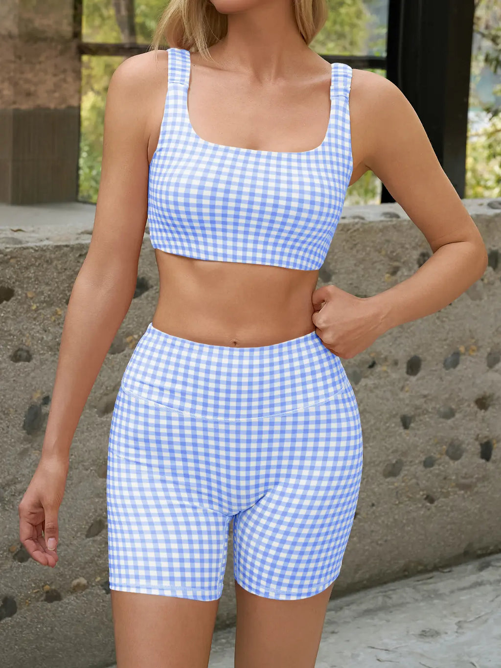 Aoysky Womens Workout Gingham 2 Piece Outfits Padded Open Back Crop Tank High Waist Seamless Sports Shorts Sets Casual Yoga Matching Sets