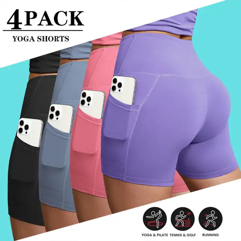 4-Pack Women'S Yoga Shorts High Waisted Slant Pocket Stretchy Breathable Slim Fit Athletic