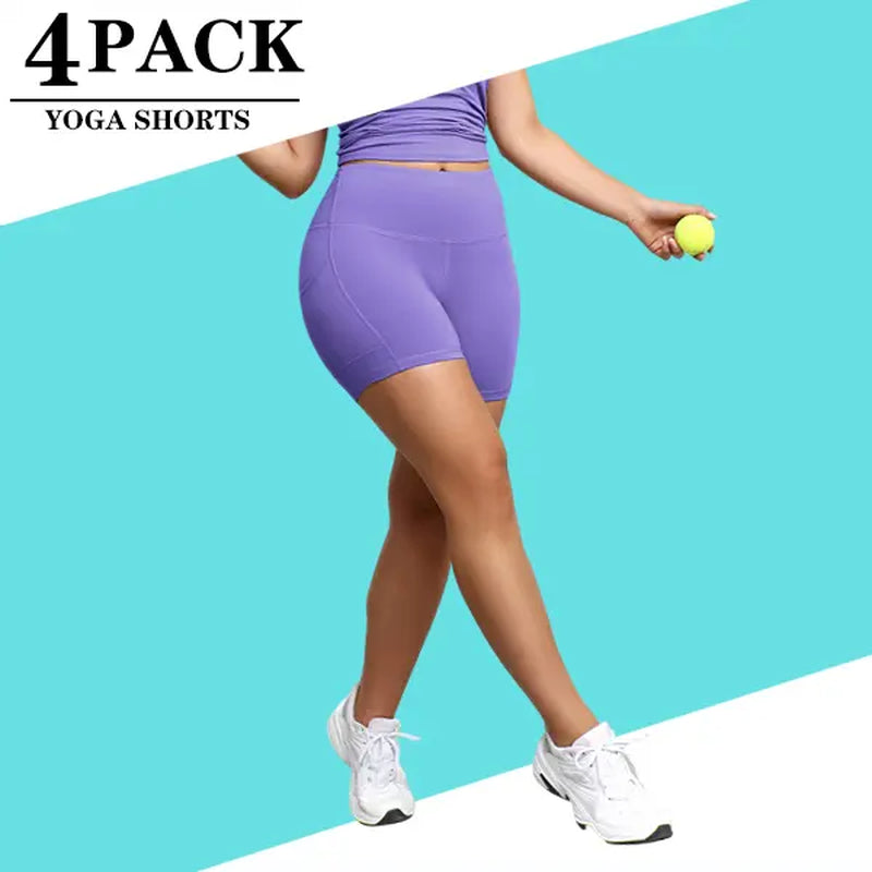 4-Pack Women'S Yoga Shorts High Waisted Slant Pocket Stretchy Breathable Slim Fit Athletic