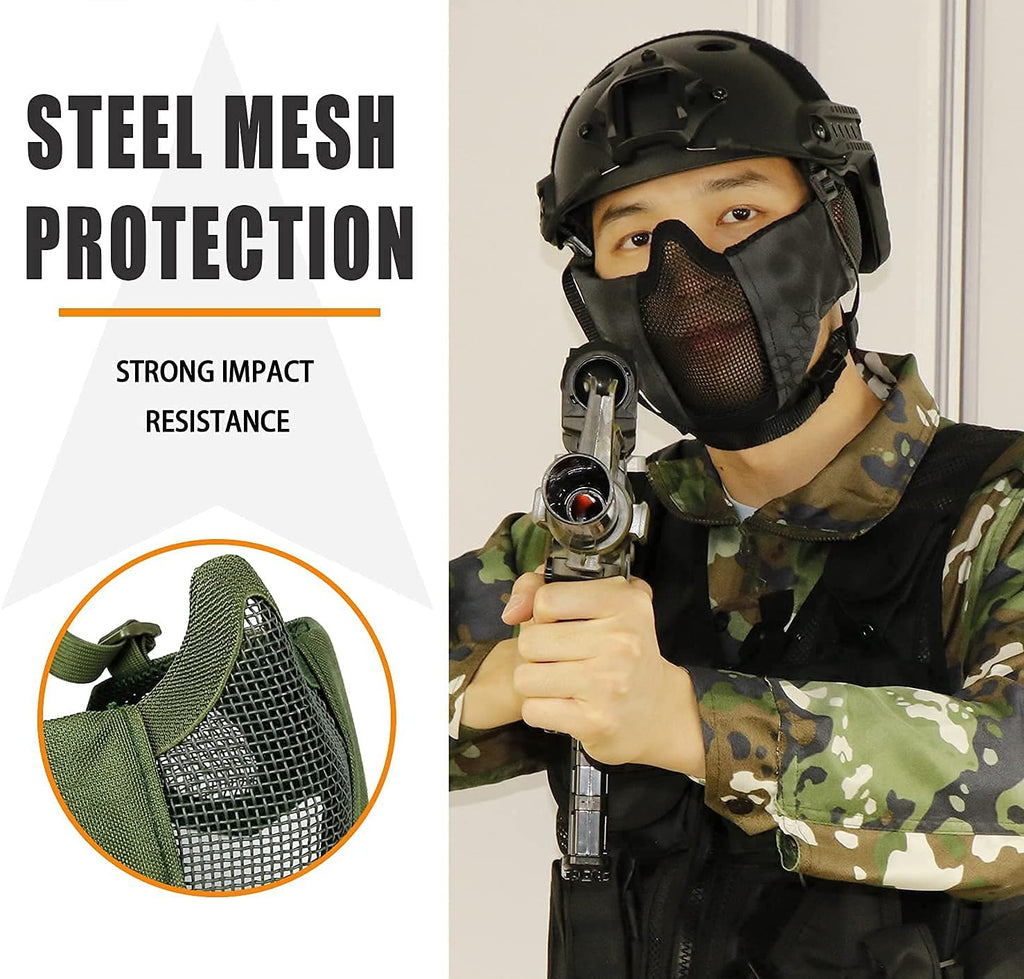 Airsoft Protective Gear Set, Half Face Mesh Mask with Ear Protection and Goggles for Adult Men Women BBS Paintball Shooting CS Survival Games Cosplay