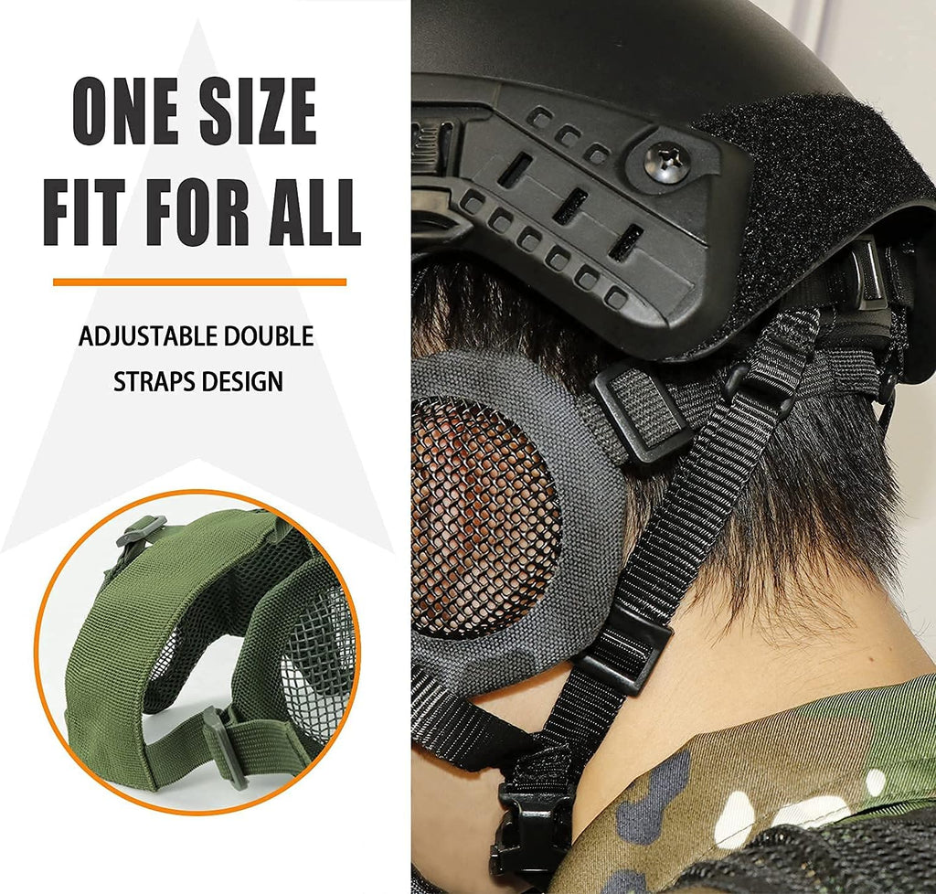 Airsoft Protective Gear Set, Half Face Mesh Mask with Ear Protection and Goggles for Adult Men Women BBS Paintball Shooting CS Survival Games Cosplay
