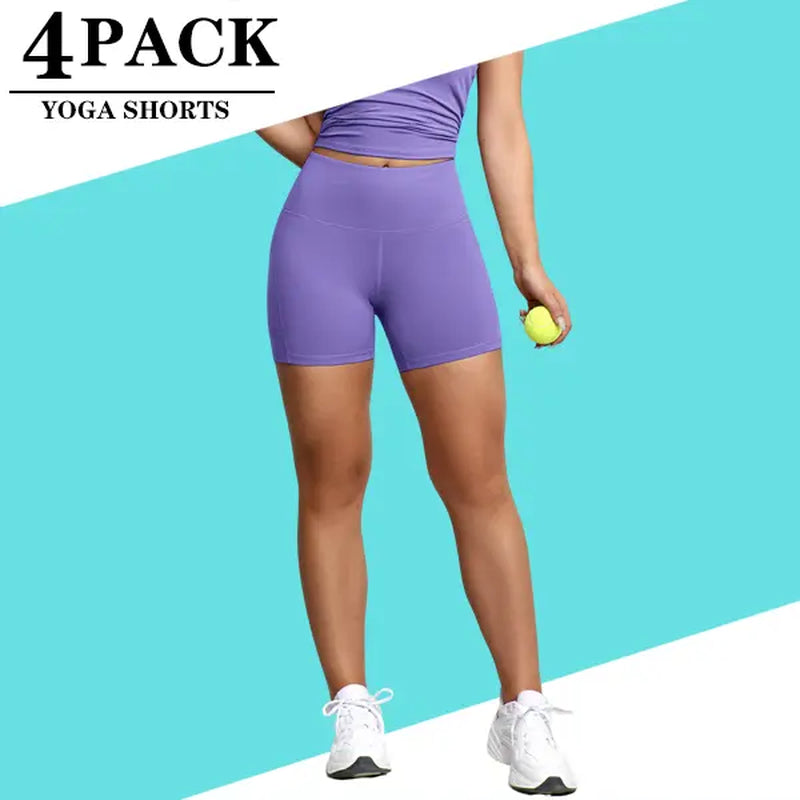 4-Pack Women'S Yoga Shorts High Waisted Slant Pocket Stretchy Breathable Slim Fit Athletic