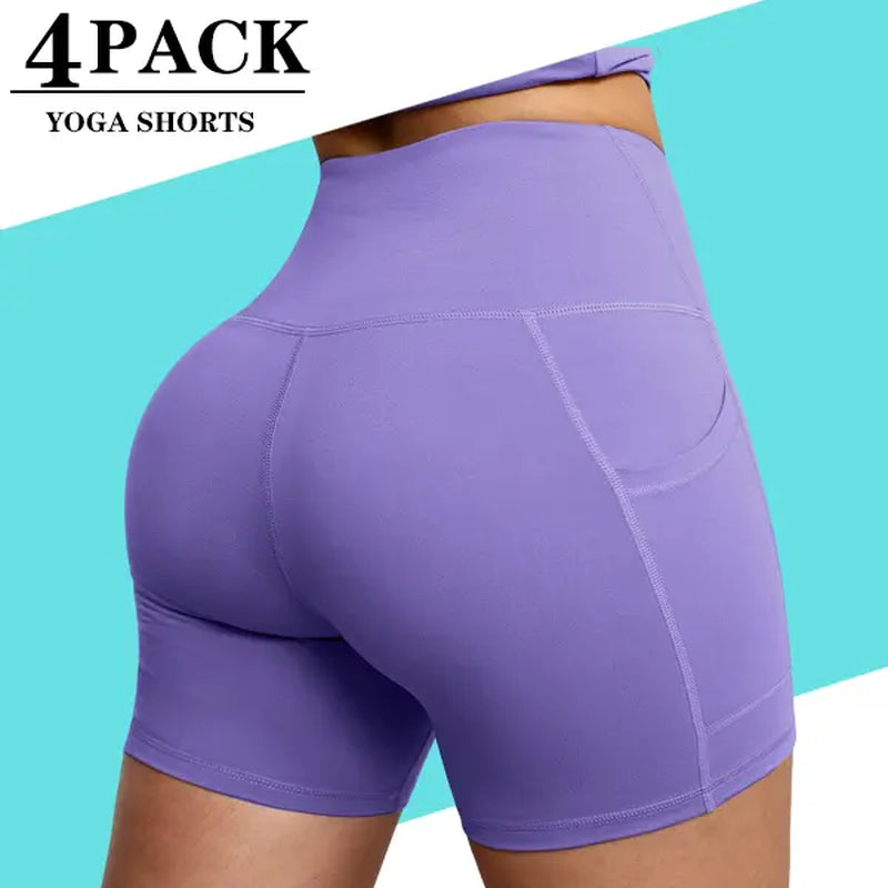 4-Pack Women'S Yoga Shorts High Waisted Slant Pocket Stretchy Breathable Slim Fit Athletic