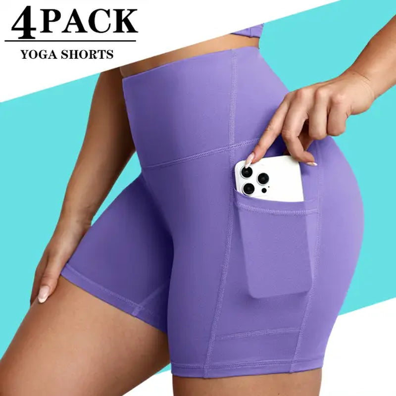 4-Pack Women'S Yoga Shorts High Waisted Slant Pocket Stretchy Breathable Slim Fit Athletic